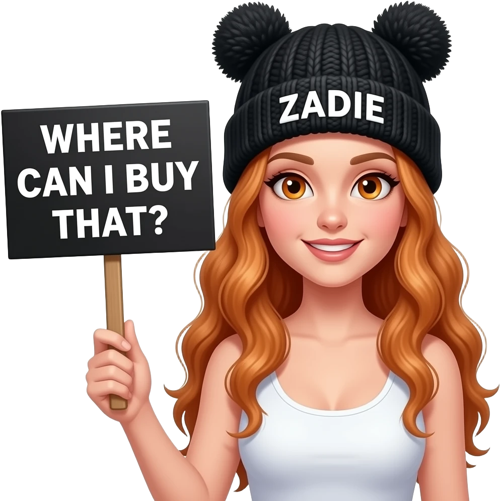 sexy girl with overlong wavy ginger hair and ginger eyes wearing a white tanktop and a black pom hat with ears with ZADIE written on it is holding a black sign with WHERE CAN I BUY THAT? on it emoji