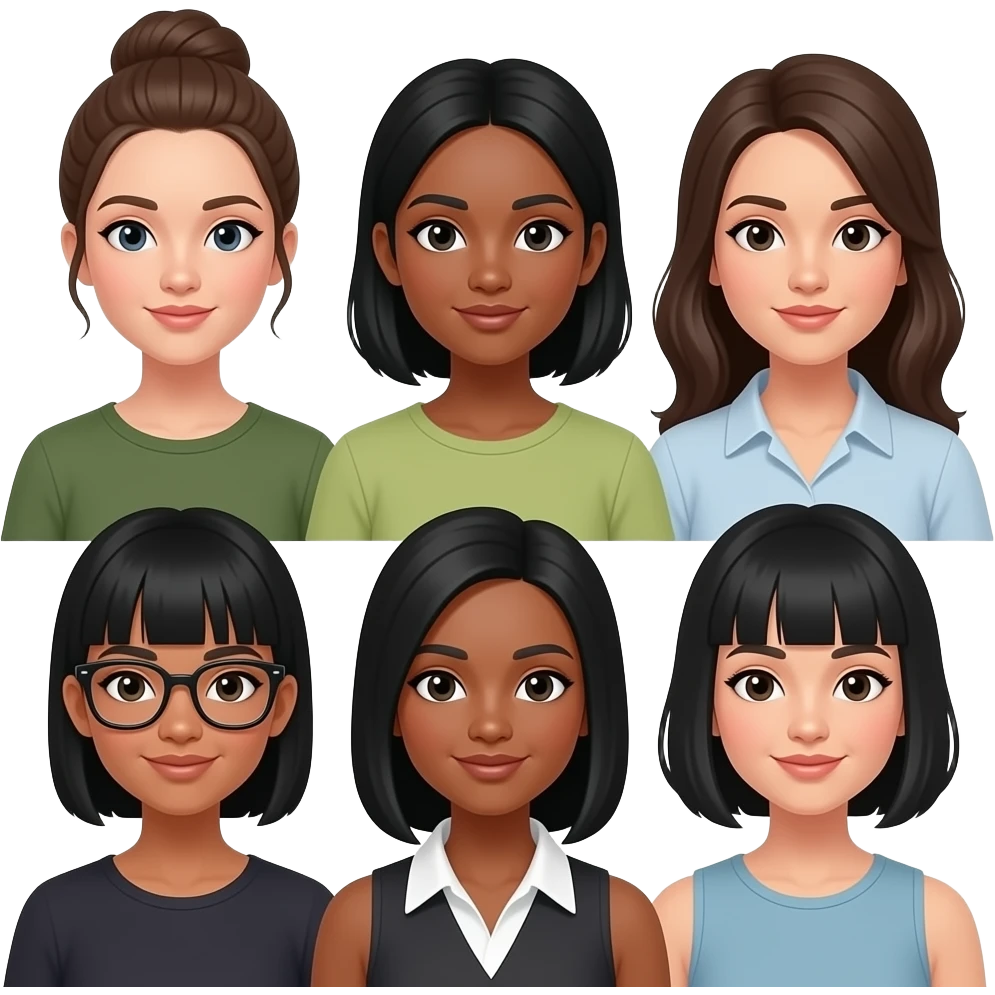 sies amigas una con el pelo recogido y blanca 2 con el pelo negro y y morena una con lentes morena y de pelo negro y una blanco con fleco emoji