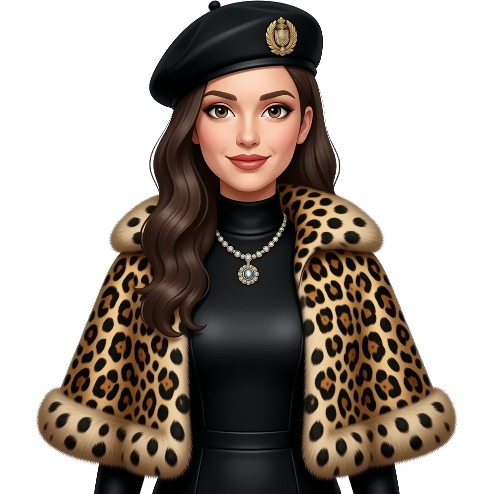 A glamorous woman wearing a black turtleneck dress, a leopard-print cape with fur trim and a black beret with a gold emblem. She is adorned with a statement necklace. emoji