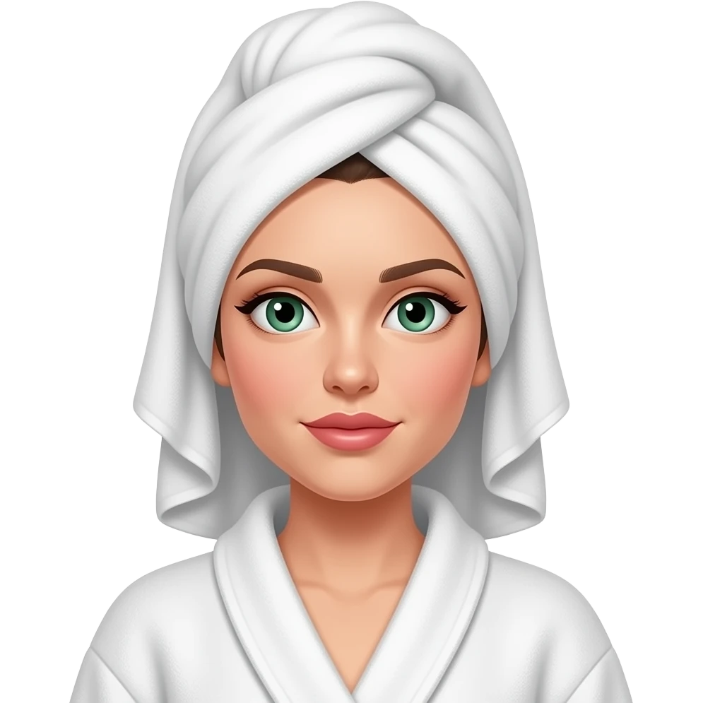 a woman using a robe and a towel on her head with green eyes but normal ...