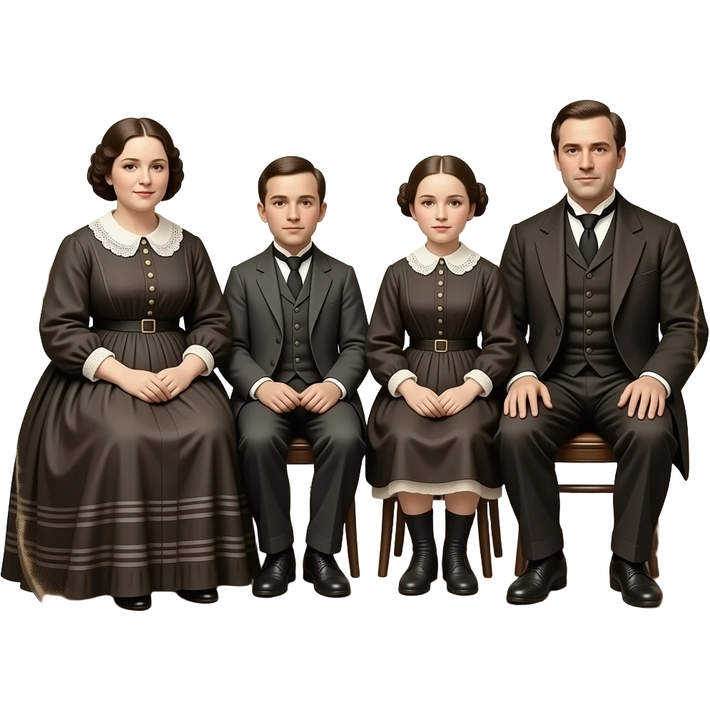 two fat mothers and two skinny fathers depicted in sitting poses as in daguerreotypes posing in vintage civilian clothes - in daguerreotype format chemically damaged emoji