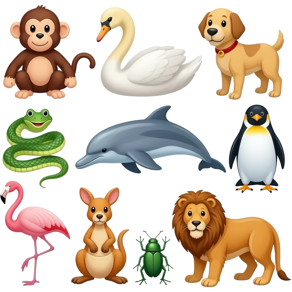 🍝🐒🦢🐕‍🦺🐍🐬🐧🦩🐸🫎🪲🦅🦁 emoji