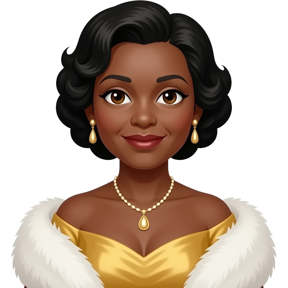 Marian Anderson with dark brown eyes, black hair, gold off shoulder dress, white fur shawl, necklace and earrings emoji