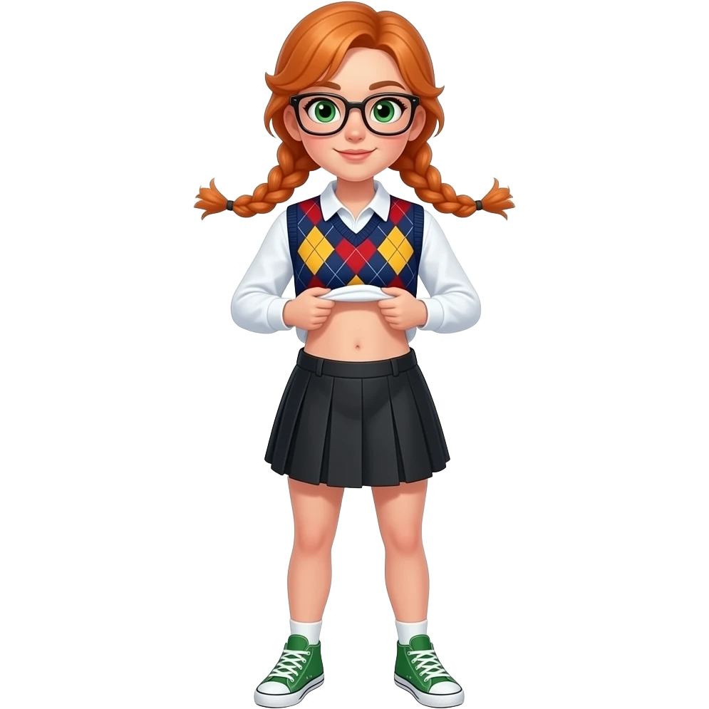17 year old white woman green eyes orange braided pigtails rectangle glasses white long sleeved polo argyle dark blue red and yellow vest black skirt white and green sneakers lift her shirt up to show belly emoji