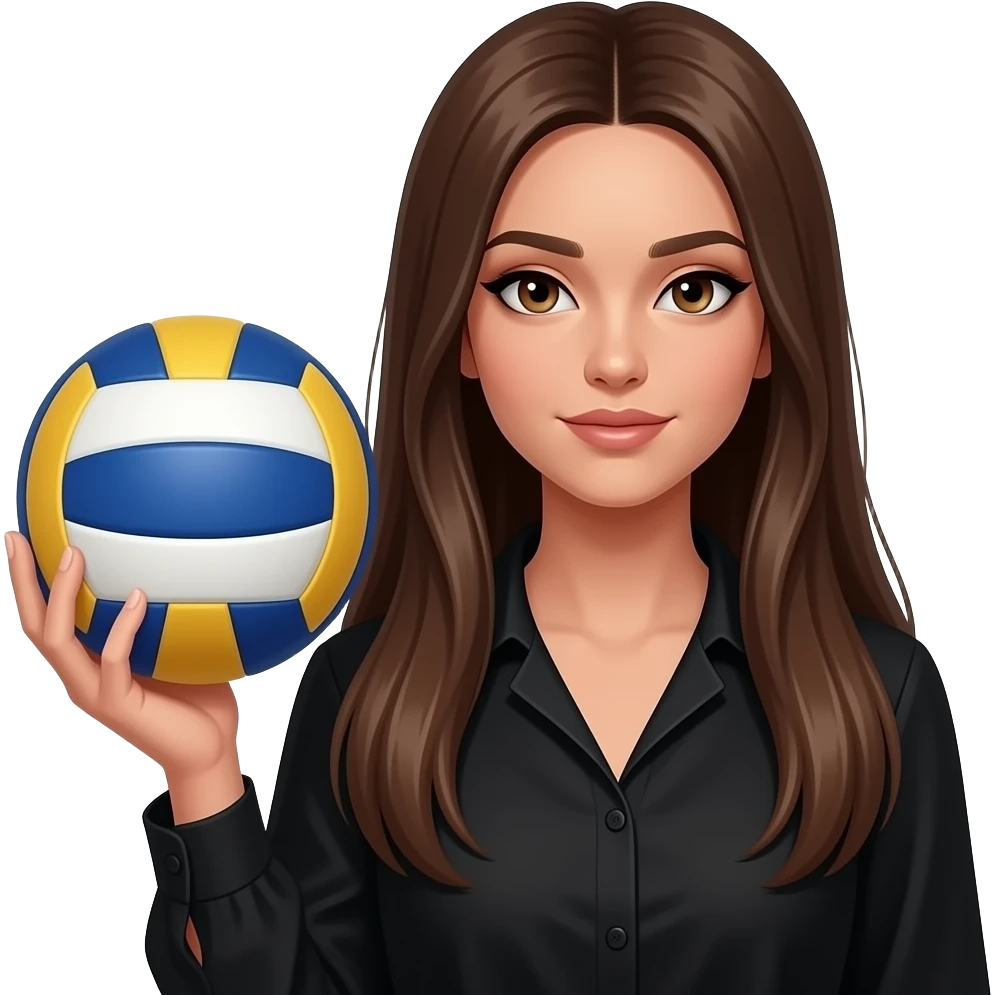 Long brown hair girl with light brown eyes and little bit tanned skin she has makeup with black eyeliner and her stare is magnethic eyes. She handle voleyball ball. Her hair is straight and loose, not messy. Hair is so long that the picture cannot see them all. She wears black elegant blouse emoji
