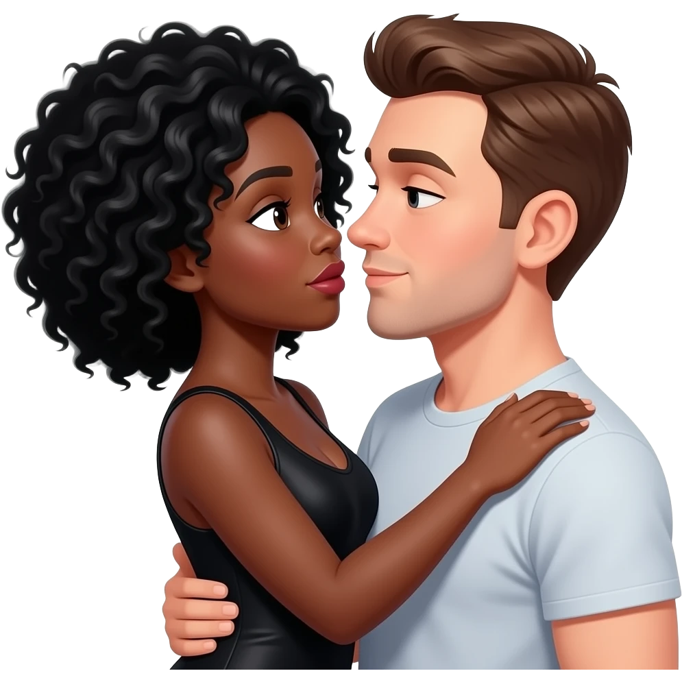 A sexy black woman with black hair Afro having sex with white man with brown hair emoji