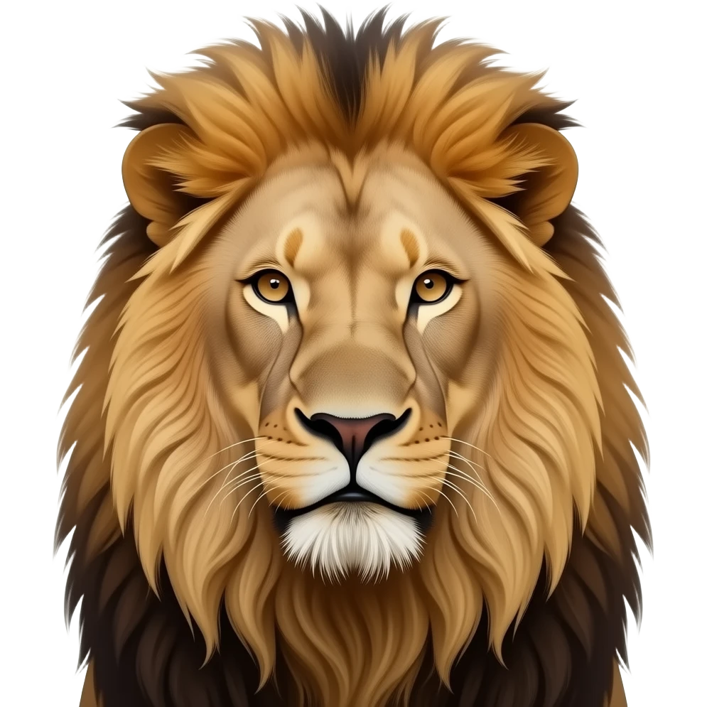 lion, male, tough, golden manes, portrait, front face + neck, photo realistic emoji