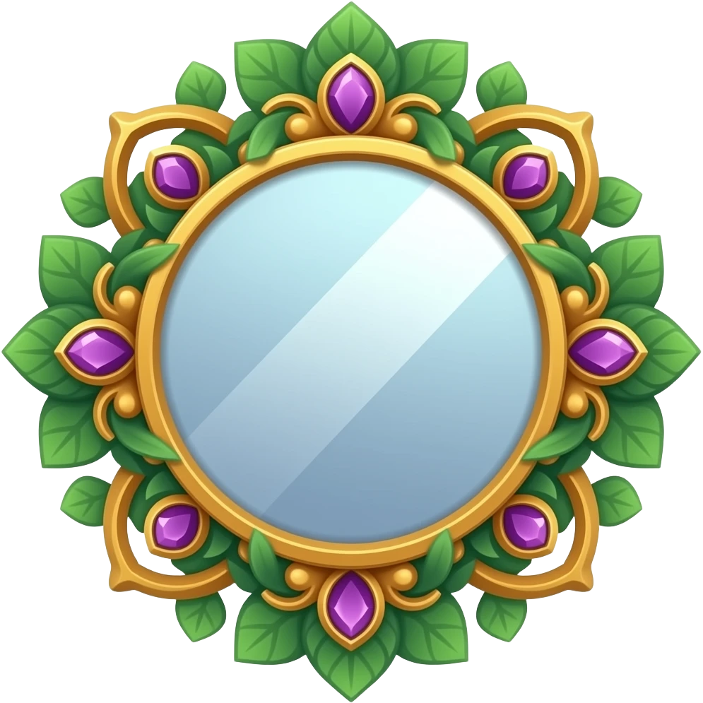 An ornate hand mirror in emerald green and warm amber-gold, with an intricately carved frame of leaves and petals, soft violet jewel accents, and a luminous magical reflection, rendered in a sophisticated botanical fantasy style. emoji