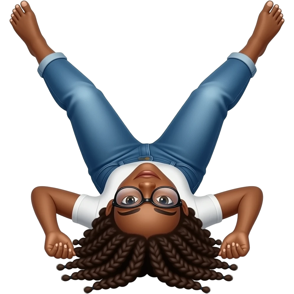 Black woman with locs and glasses laying down with legs open and in the air emoji