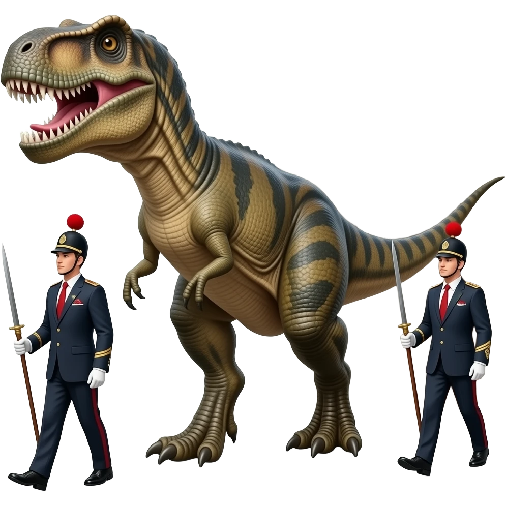 Dinosaur with luxury guards walking off a bank emoji