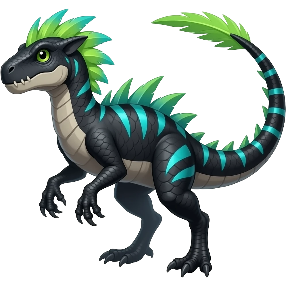 Cool edgy ancient black-scaled with neon-turquoise stripe markings digitigrade bipedal vintage futuristic raptorik fantasy-Cyberpunk-Steampunk-Solarpunk-Genesect-Salamence-Cyclizar-Salazzle-Feraligatr-Fakémon-animal-hybrid, with neon feather-mane, and a tail blade, back spikes, full body emoji