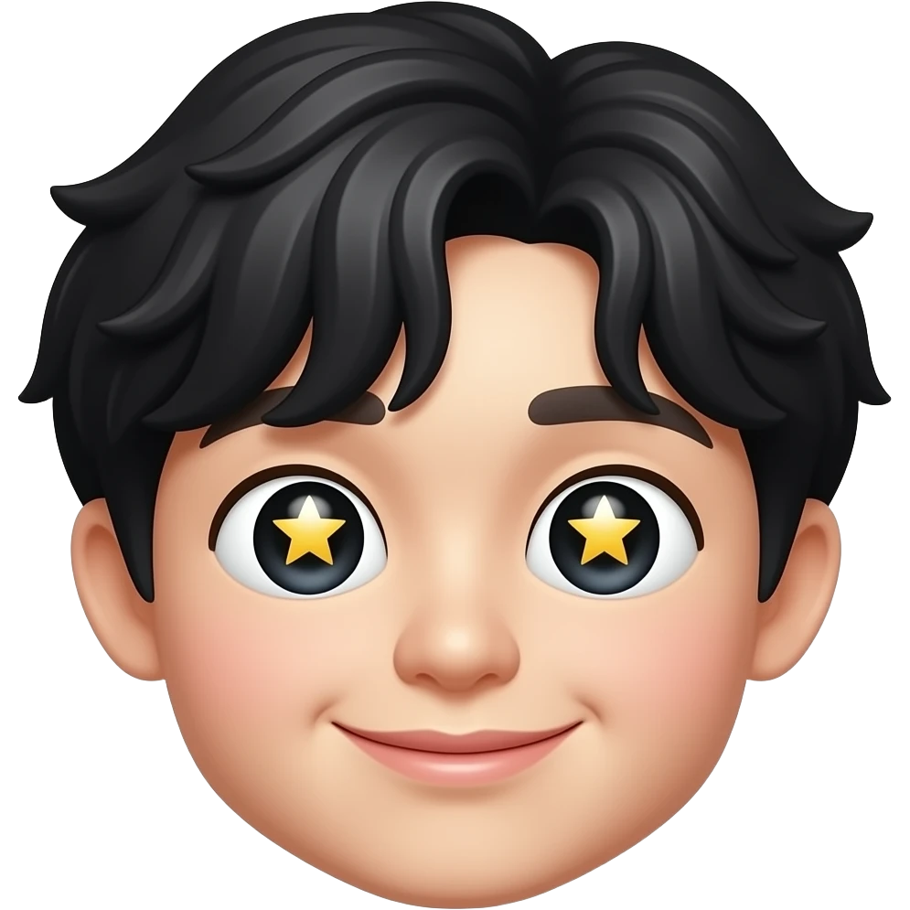 cheerful face emoji, big star eyes, Korean boy features, black fluffy wavy bangs, small mole under right eye, high nose, soft lips, only face emoji