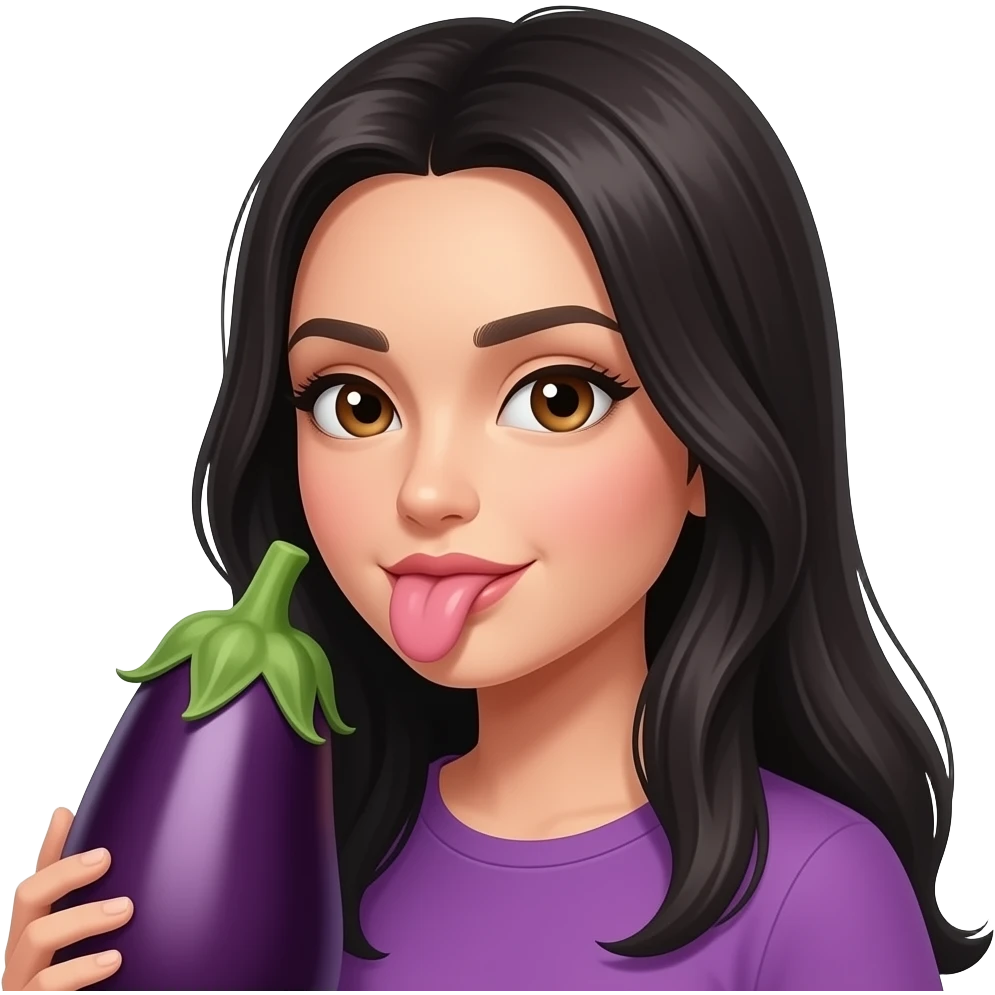 Long Black hair brown eyes licking a big eggplant emoji