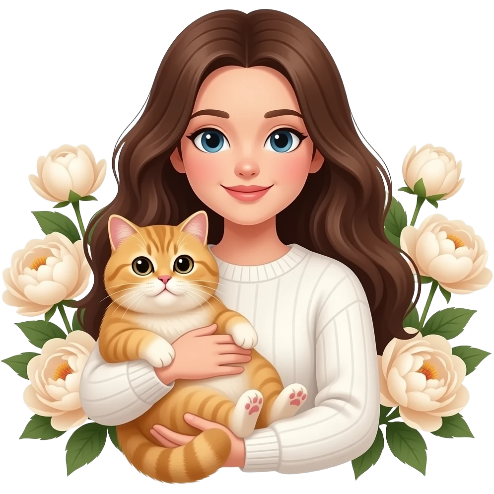pretty woman a long hair brown color Wear a white sweater holding a British shorthair fat cat fluffy golden in a peony beige emoji