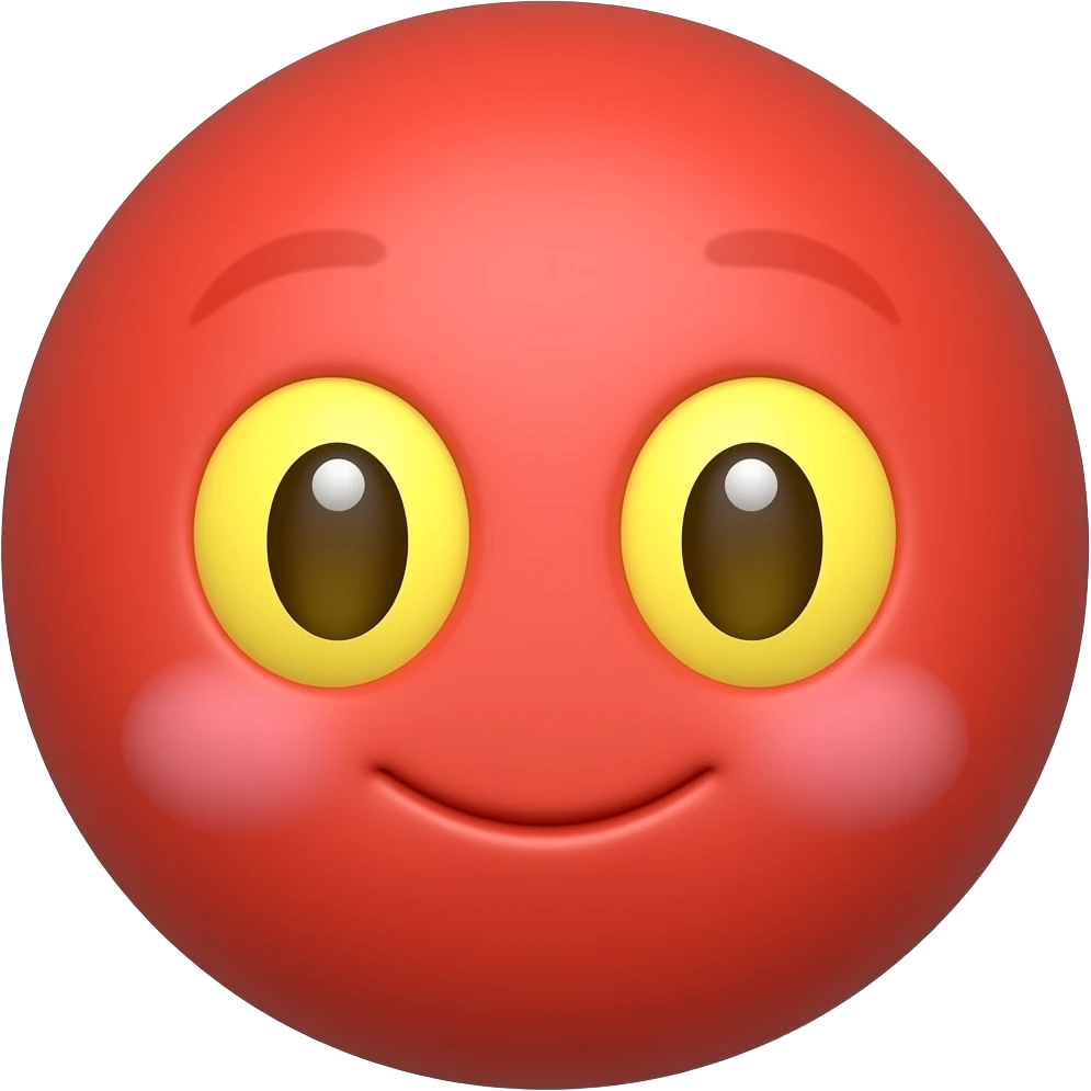 새빨간 얼굴의 홍조를 하고 있는. 노란 눈알  갈색 동공의 귀여운 만화 입체적 이모티콘 emoji