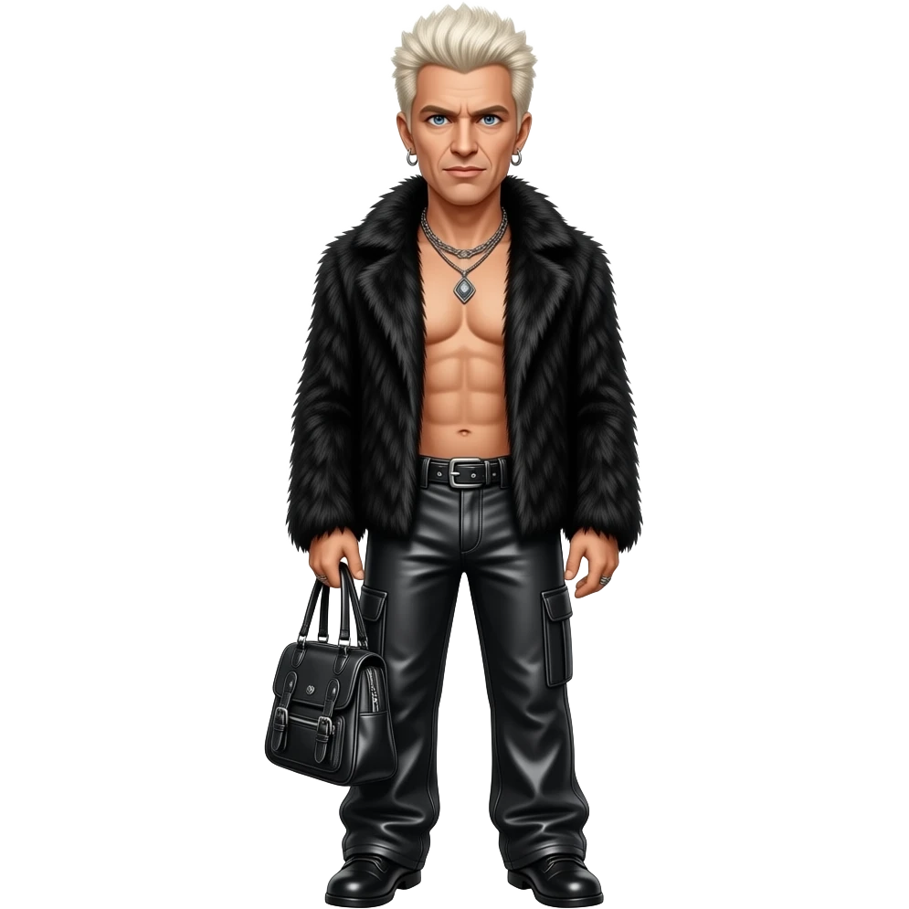 Billy Idol with blue eyes, white blonde hair, black fur shawl, black metallic baggy pants, shirtless with necklace and earrings emoji