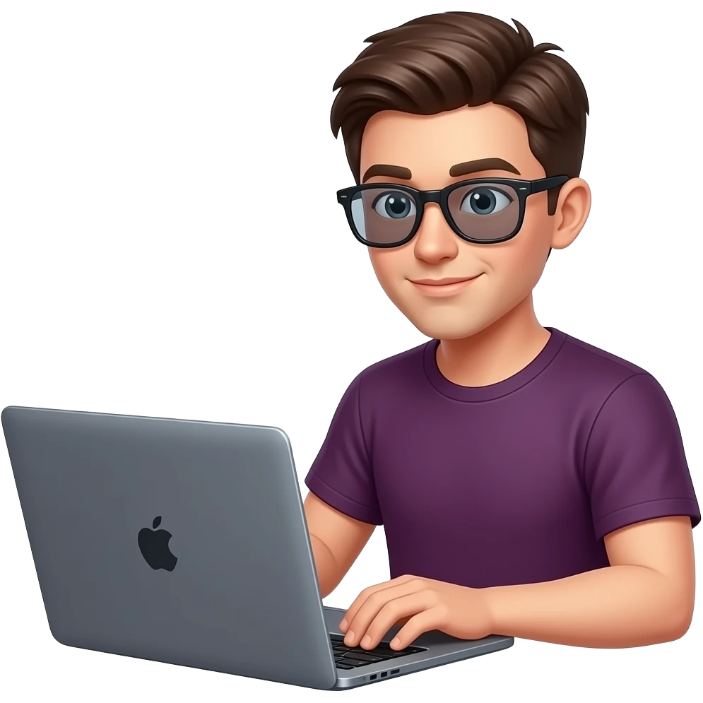 Create a emoji with a human (younger man, 30 yo with glasses rayban meta) working with a laptop MacBook Pro 16" space gray. The color of his t-shirt will be #6729D8 emoji