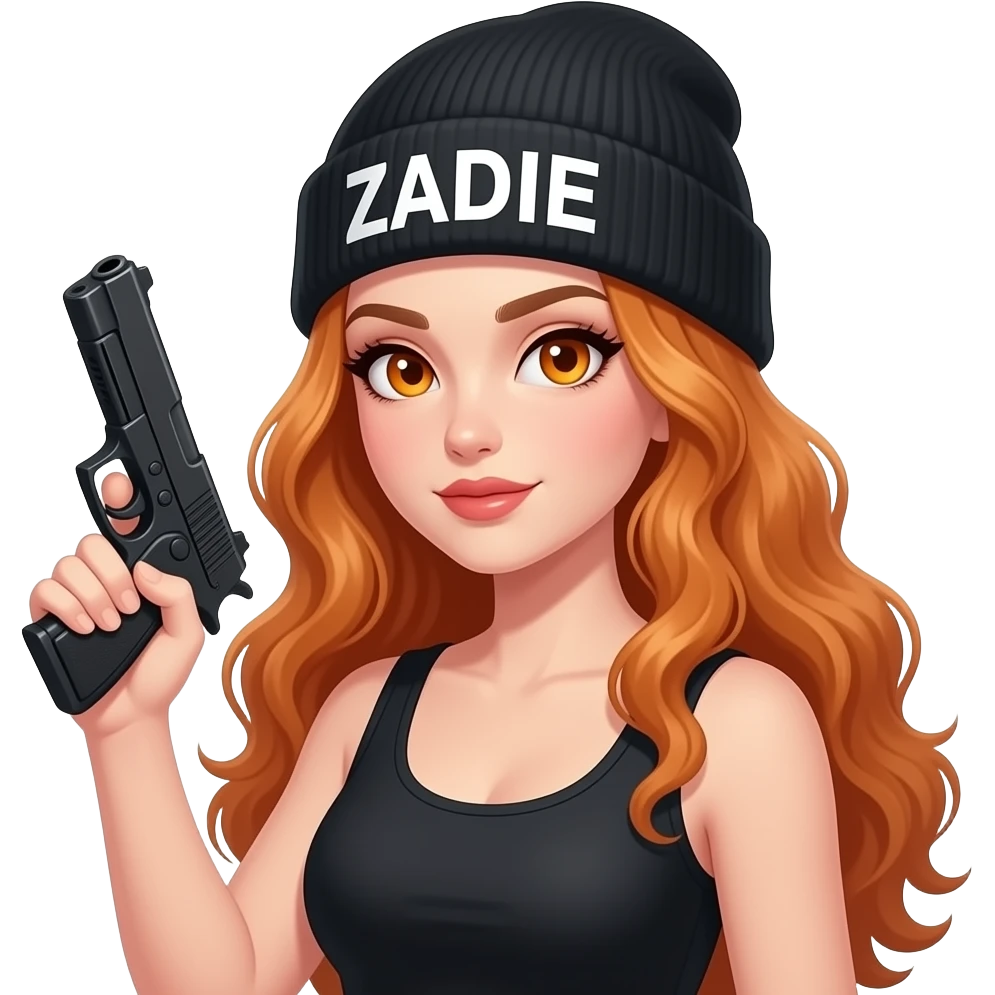 sexy girl with overlong wavy ginger hair and ginger eyes wearing a black tanktop and a black beanie with ZADIE written on it, is holding a gun emoji