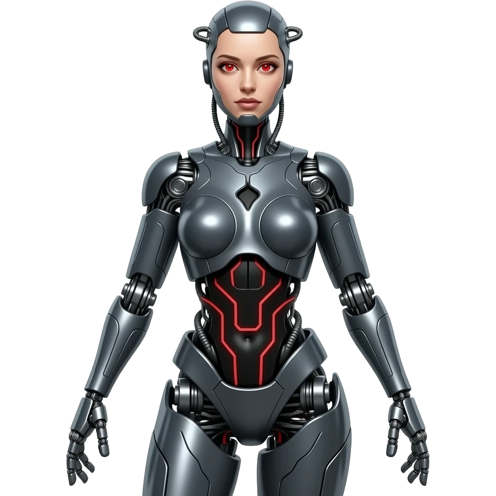 A mechanical woman made of dark gray steel with black and red markings,no human features, only robot features, entire body, sexy pose, robot face, full body pose emoji