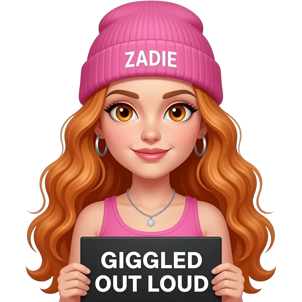 sexy girl with overlong wavy ginger hair and ginger eyes wearing a pink tanktop and a pink beanie with ZADIE written on it, is holding a black sign with GIGGLED OUT LOUD written on it emoji