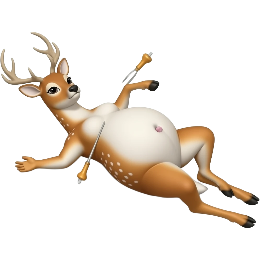 A female deer/doe is sprawling on her back unable to move,she got stuck by her own massive obese tummy,couldn’t even try defend her bellybutton from fingering tickling pokers,she is that Fat,She is too full for fun right now,that deer is going to pop. emoji