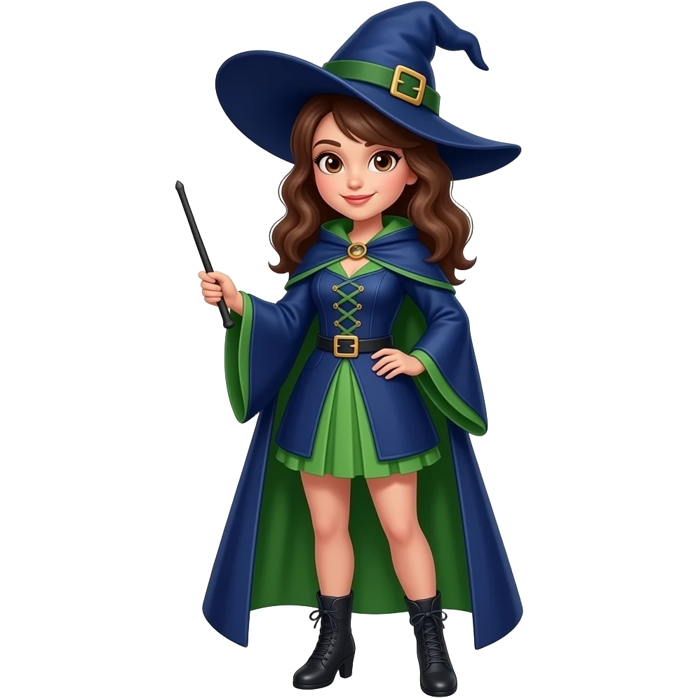 A full body White/Fair skinned woman with brown hair and brown eyes and wearing a Blue and green Witch outfit and holding a black wand. emoji