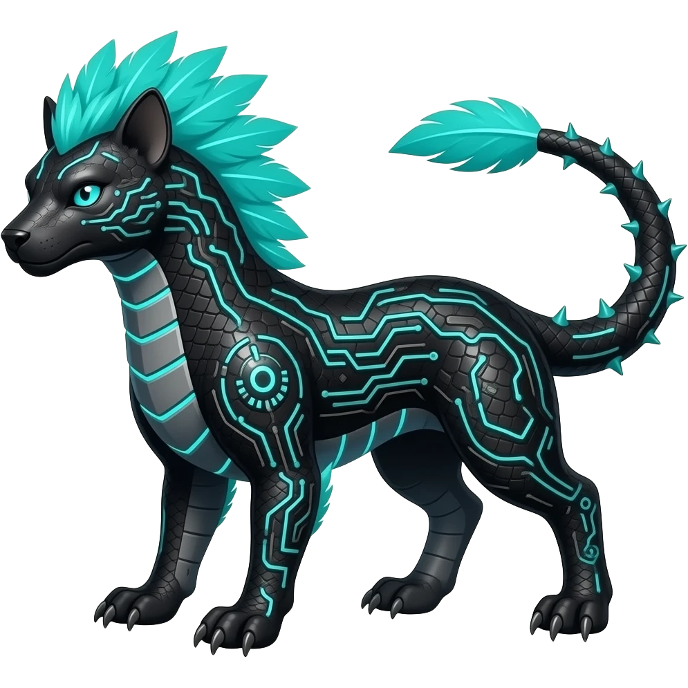 Cool edgy fiery cybernetic technological Circuitry-patterned black-scaled with neon-cyan stripe markings digitigrade futuristic raptorik fantasy-Cyberpunk-Steampunk-Solarpunk-Genesect-Salamence-Cyclizar-Salazzle-Feraligatr-Fakémon-animal-hybrid, with neon feather-mane, and a tail blade, back spikes emoji