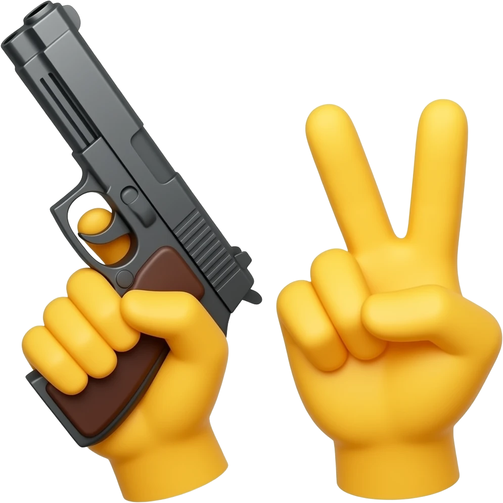 one yellow hand holding a gun, other hand showing victory emoji