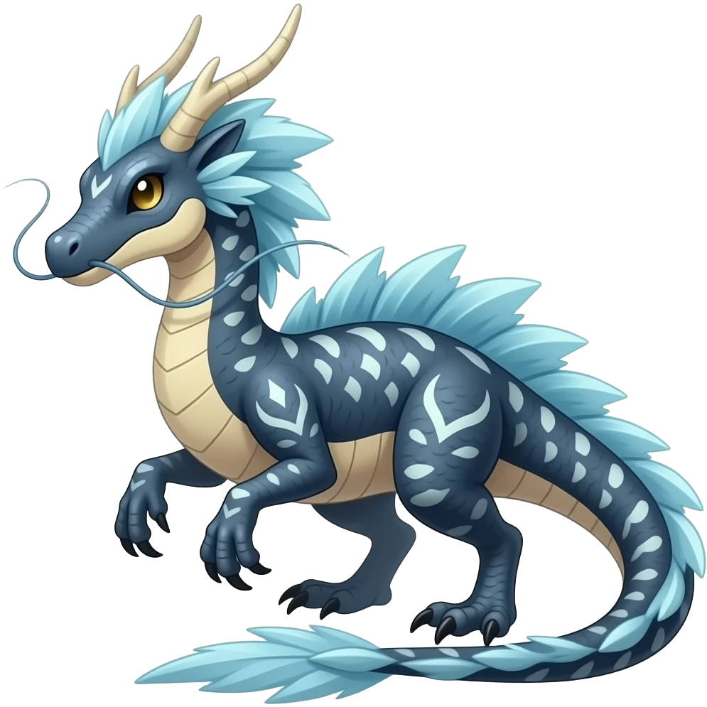 scaly shiny frilled spiky frilly feathery raptorik finned patterned tribal-patterned digitigrade quadrupedal Vaporeon-Salandit-Glaceon-hybrid with long thin dragon whiskers emoji