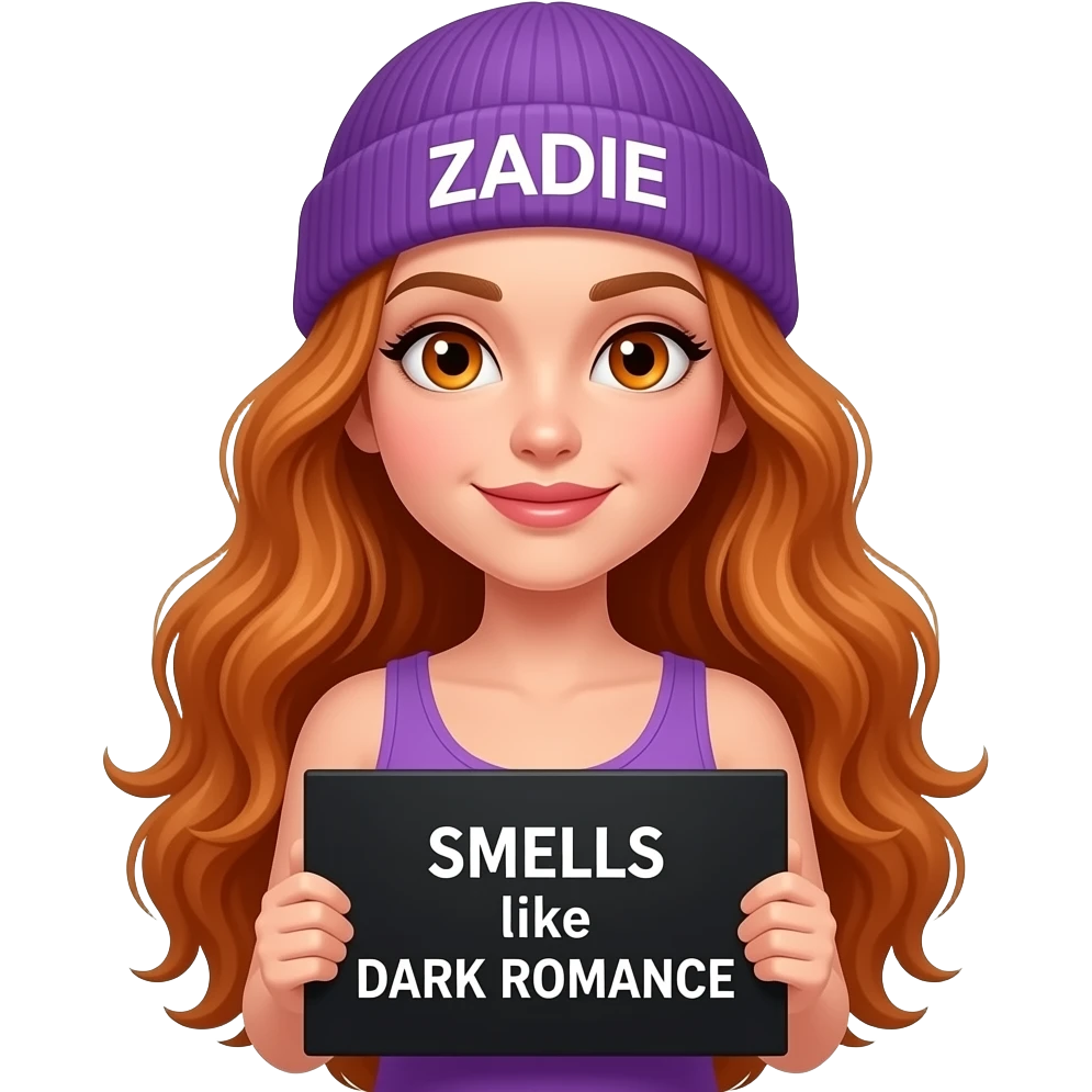 sexy girl with overlong wavy ginger hair and ginger eyes wearing a purple tanktop and a purple beanie with ZADIE written on it, is holding a black sign with SMELLS like DARK ROMANCE written on it emoji