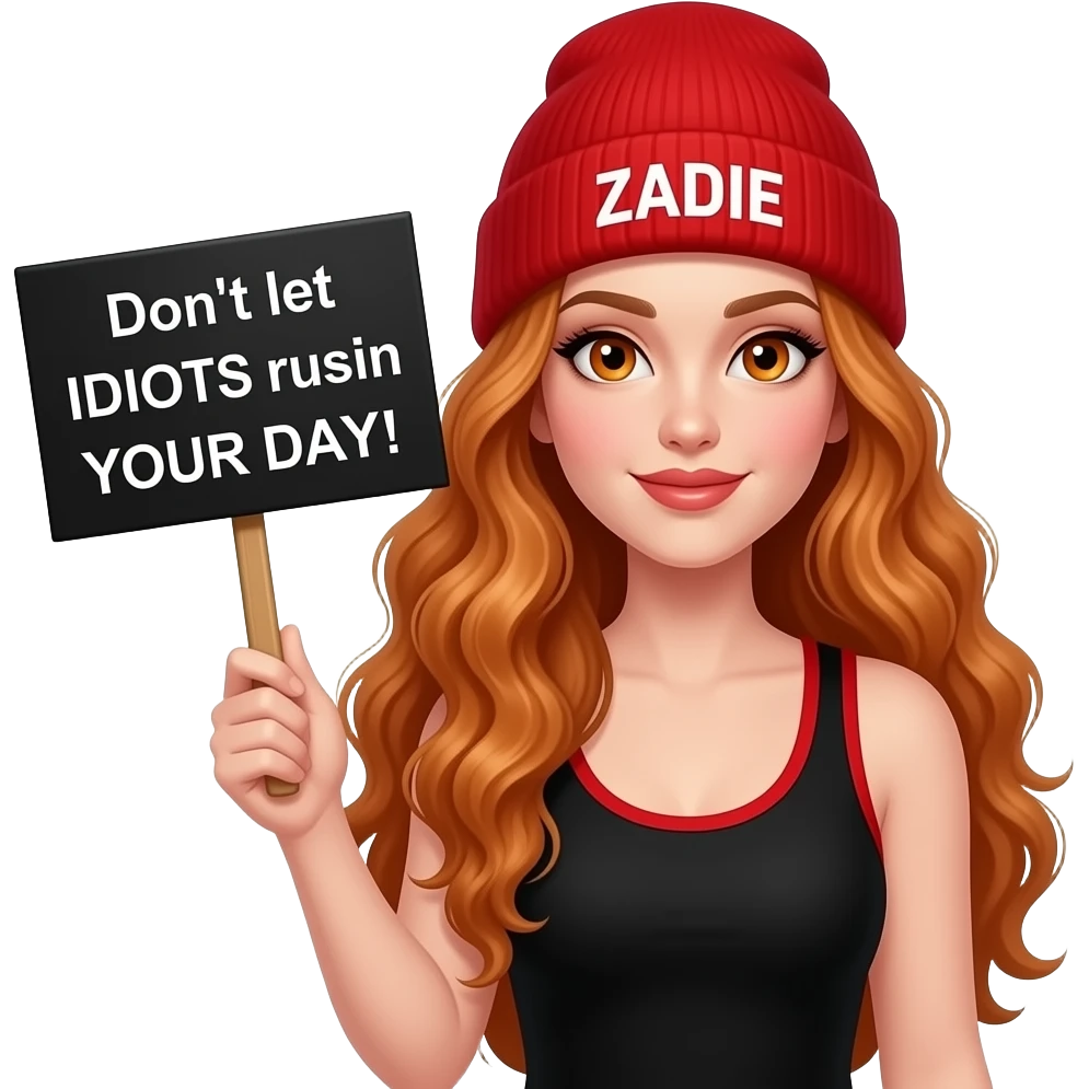 sexy girl with overlong wavy ginger hair and ginger eyes wearing a black red tanktop and a red beanie with ZADIE written on it, is holding a black sign with Don't let IDIOTS ruin YOUR DAY! written on it emoji