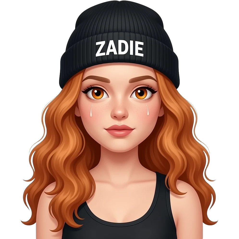 sexy girl with overlong wavy ginger hair and ginger eyes wearing a black tanktop and a black beanie with ZADIE written on it,  is sweating emoji