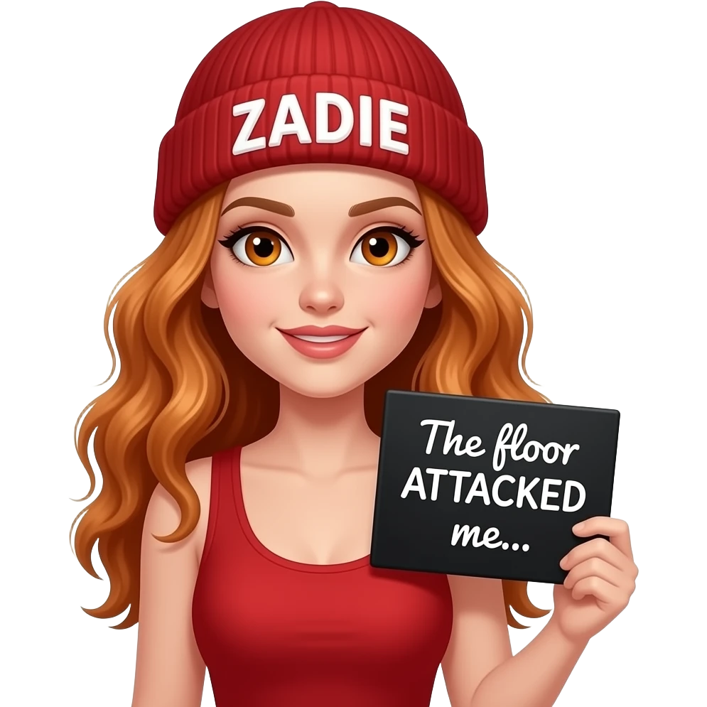 sexy girl with overlong wavy ginger hair and ginger eyes wearing a red tanktop and a red beanie with ZADIE written on it, is holding a black sign with The floor ATTACKED me... written on it emoji