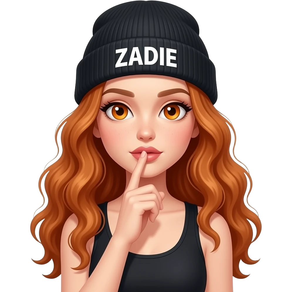 sexy girl with overlong wavy ginger hair and ginger eyes wearing a black tanktop and a black beanie with ZADIE written on it,  is putting her finger on her lips emoji