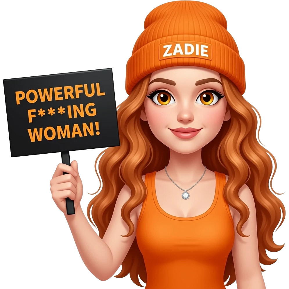 sexy girl with overlong wavy ginger hair and ginger eyes wearing a orange tanktop and a orange beanie with ZADIE written on it, is holding a black sign with POWERFUL F***ING WOMAN! written on it emoji