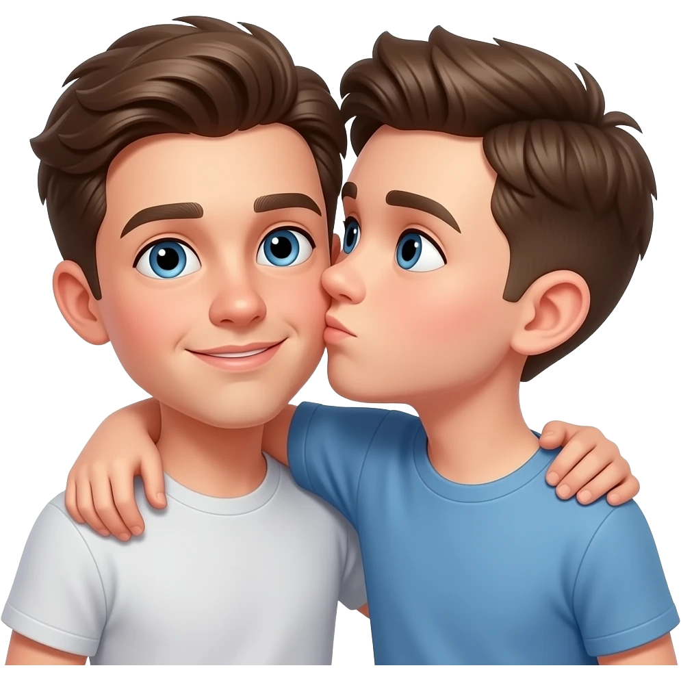 Erstelle ein Emoji von zwei Brüder, der eine um die 21 und der andere um die 25, der jüngere Bruder legt sein Arm über  Bruder und küsst ihn auf die Wange. Beide haben blaue Augen emoji