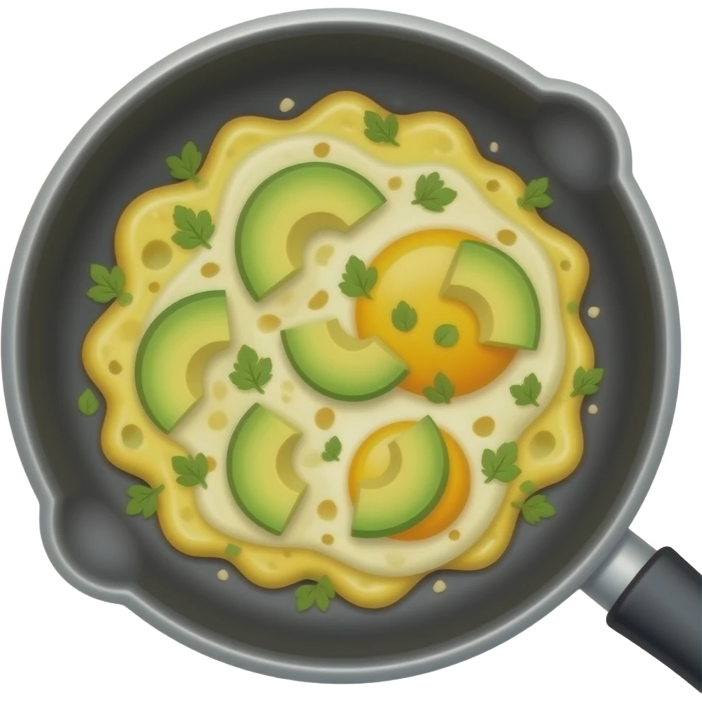 scrambled eggs in skillet with avocado slices cheese and herbs emoji