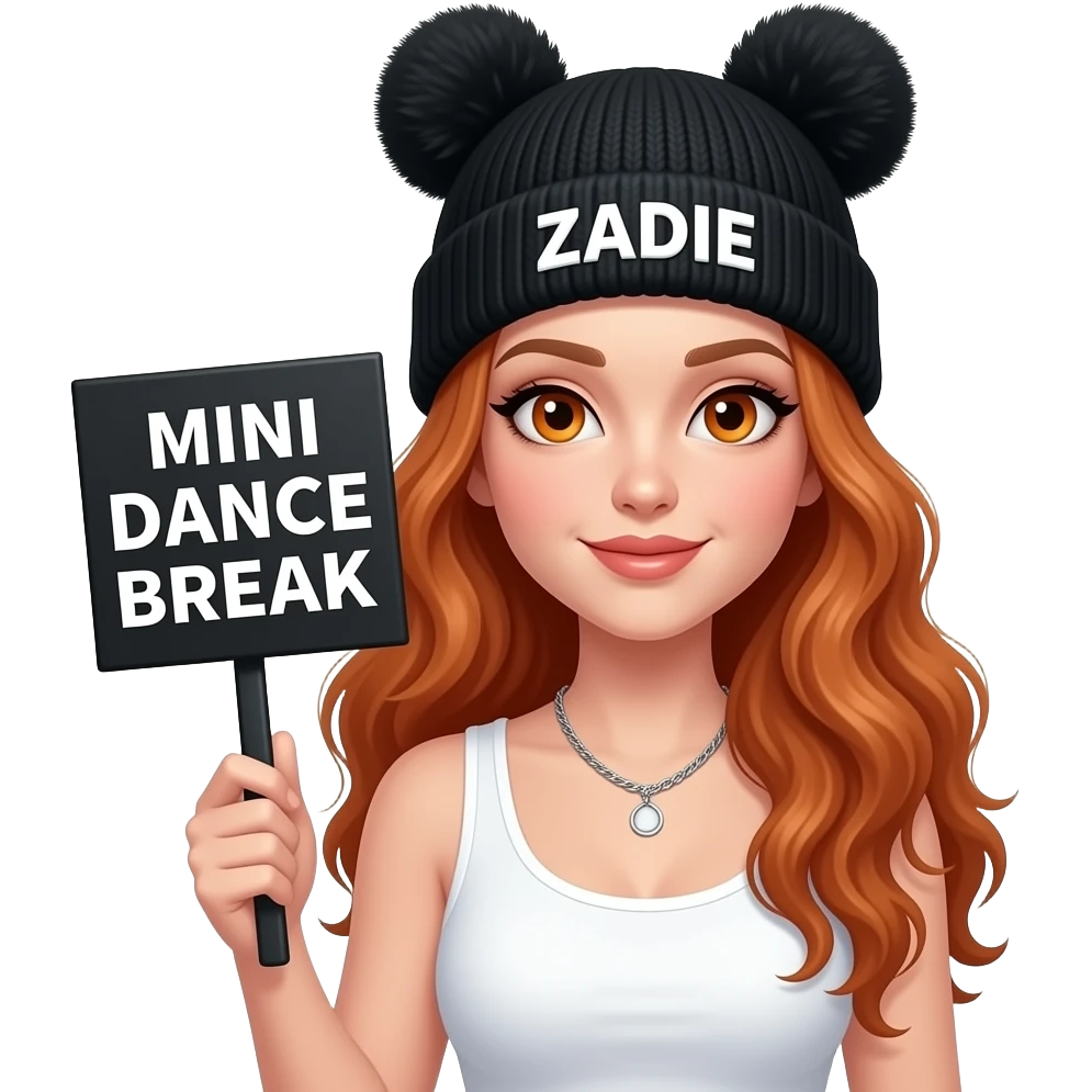 sexy girl with overlong wavy ginger hair and ginger eyes wearing a white tanktop and a black pom hat with ears with ZADIE written on it is holding a black sign with MINI DANCE BREAK  💃  on it emoji