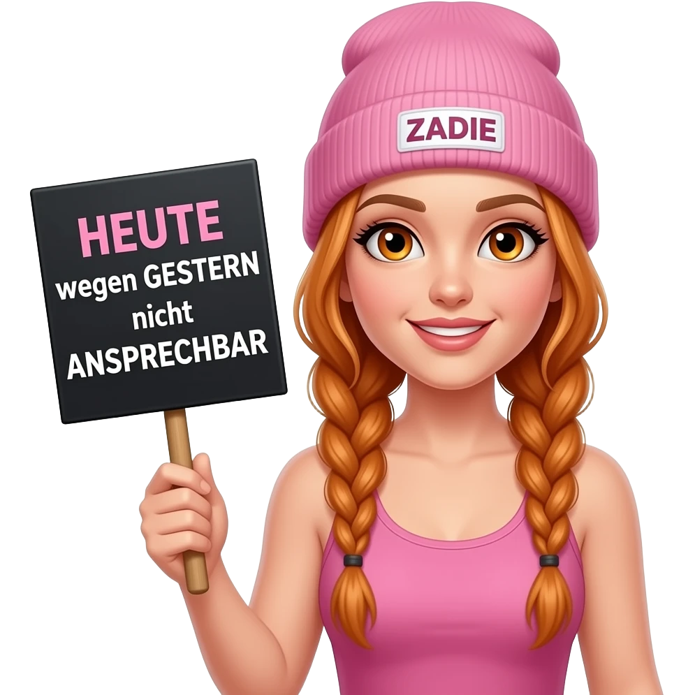 sexy girl with overlong ginger braids and ginger eyes wearing a pink tanktop and a pink beanie with ZADIE written on it, is holding a black sign with HEUTE wegen GESTERN nicht ANSPRECHBAR written on it emoji