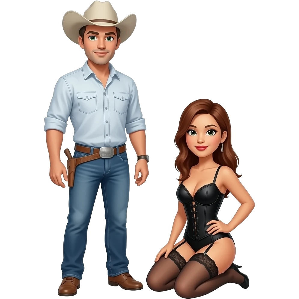 man standing, white skin, short greyish blond hair, greenish eyes, model, cowboy. with gorgeous woman, light tan skin, long auburn hair, side-bangs, black-eyes, lipstick, model, latina, asian, mixed, fullbody black corselet lingerie, kneeling emoji