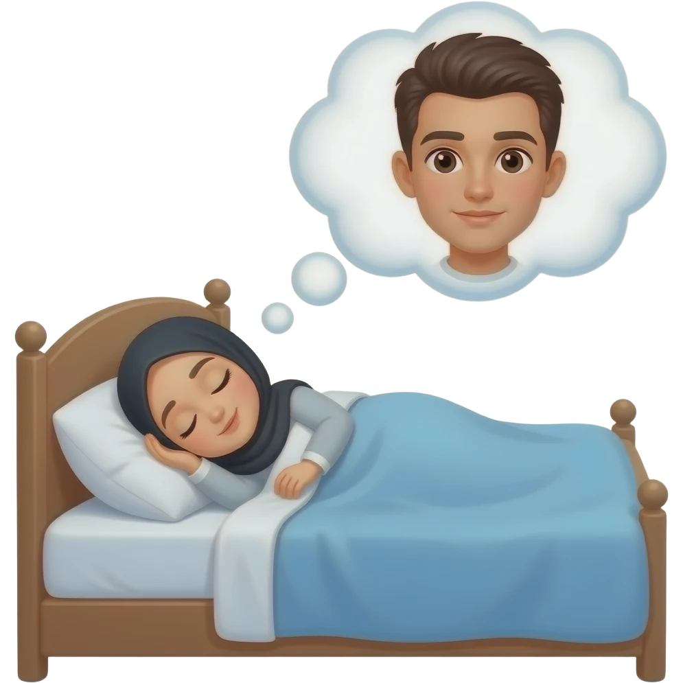 Hijabi ghirl slepping in the bed and thinking in a shaved boy emoji