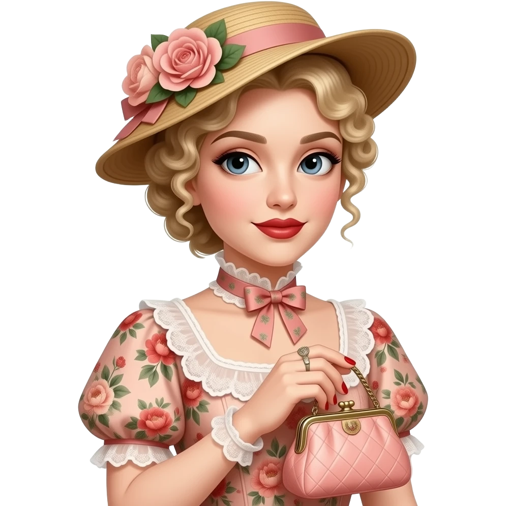 extremely Short blonde curly hair pinned under a Victorian hat side swept brown lipstick in a peach floral Victorian dress, red nails. holding a Victorian peach purse and black eyebrows emoji