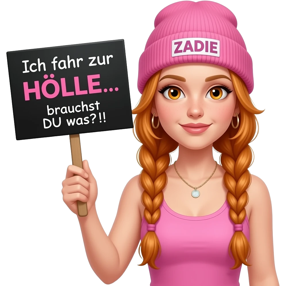 sexy girl with overlong ginger braids and ginger eyes wearing a pink tanktop and a pink beanie with ZADIE written on it, is holding a black sign with Ich fahr zur HÖLLE... brauchst DU was?! written on it emoji