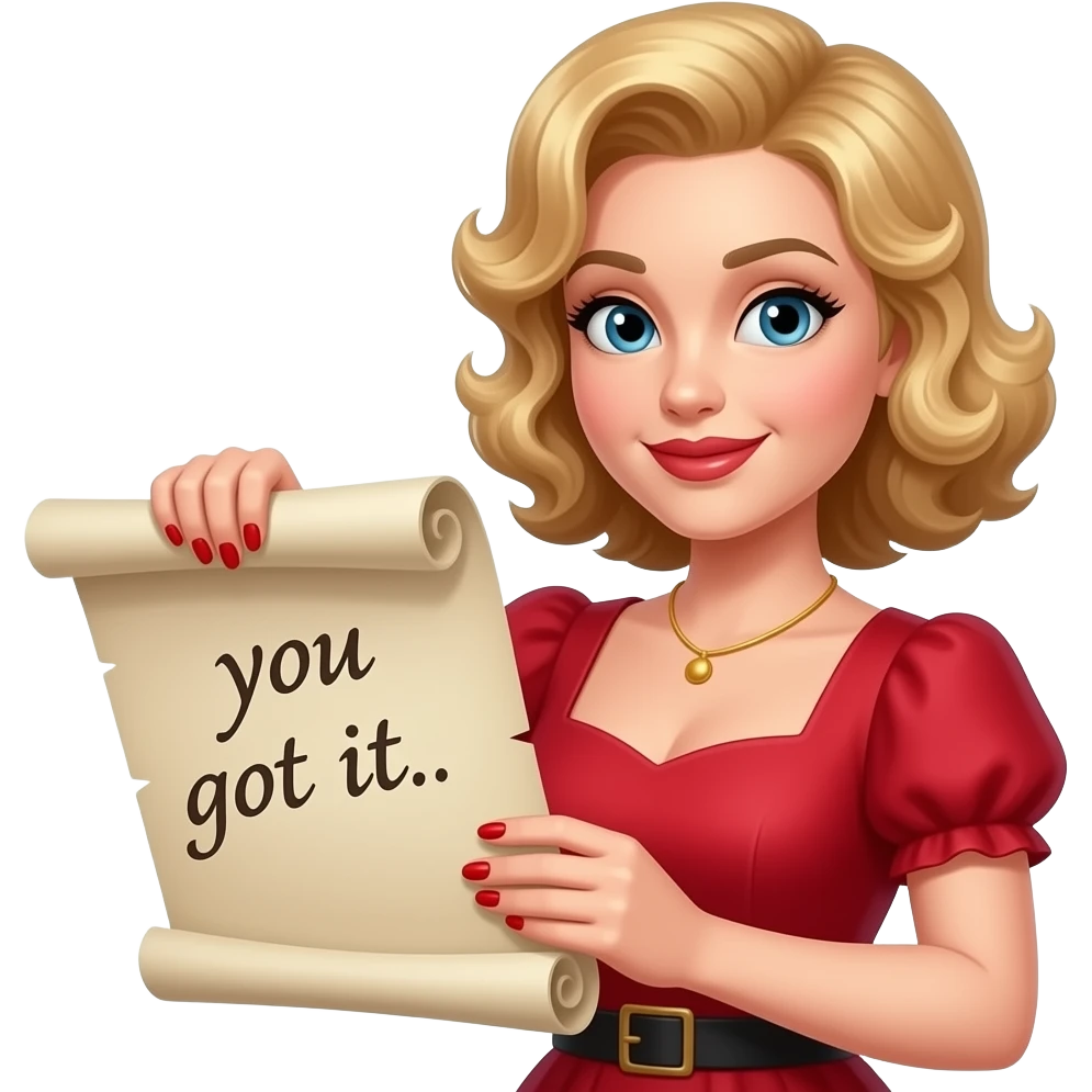 Short curly blond hair side swept Holding an open scroll saying you got it with red nail polish, brown lipstick and red vintage dress emoji