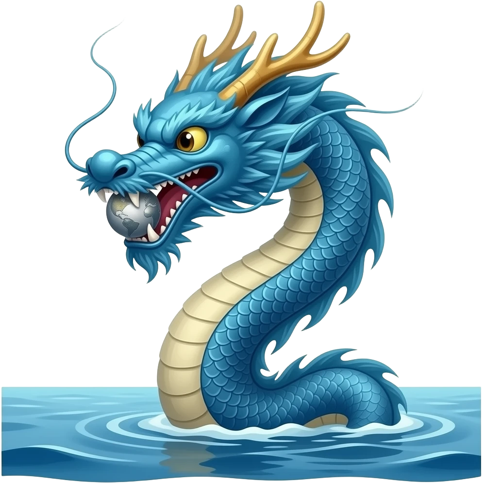 A blue Chinese serpentine dragon emerges from the sea and hovers above the surface, holding a silver planet in its teeth. emoji
