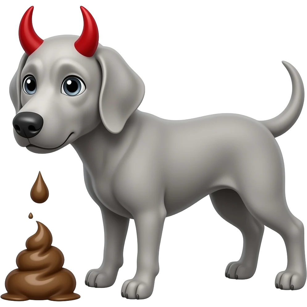Silver Weimaraner with shiny gray eyes and red devil horns pooping emoji