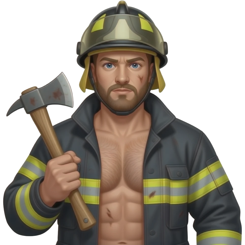 Erstelle ein Portrait von einem muskulösen nackten dreckigen Feuerwehrmann mit Helm, er hat eine behaarte Brust und Bart, seine Brust soll gut mit auf dem Bild zusehen sein und er hat eine Axt in der Hand emoji