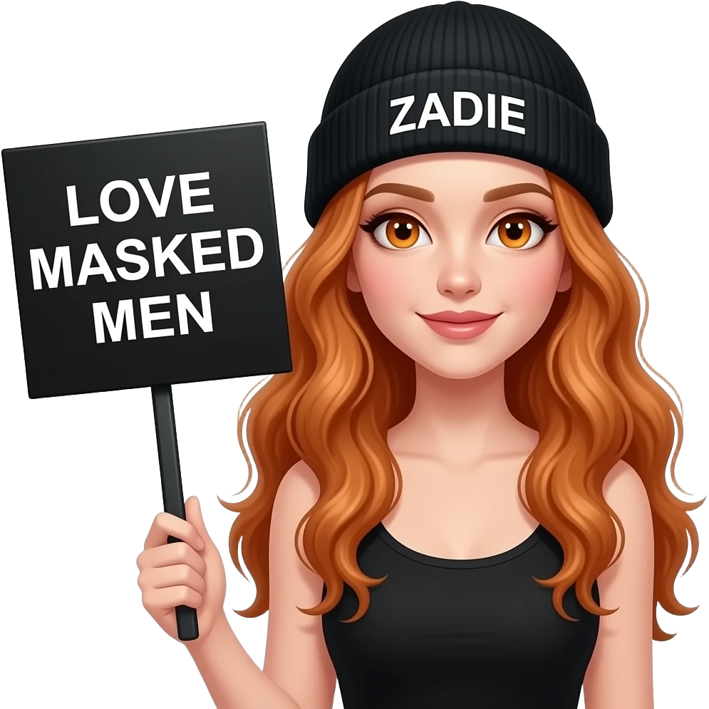 sexy girl with overlong wavy ginger hair and ginger eyes wearing a black tanktop and a black beanie with ZADIE written on it, is holding a black sign with just LOVE MASKED MEN on it emoji