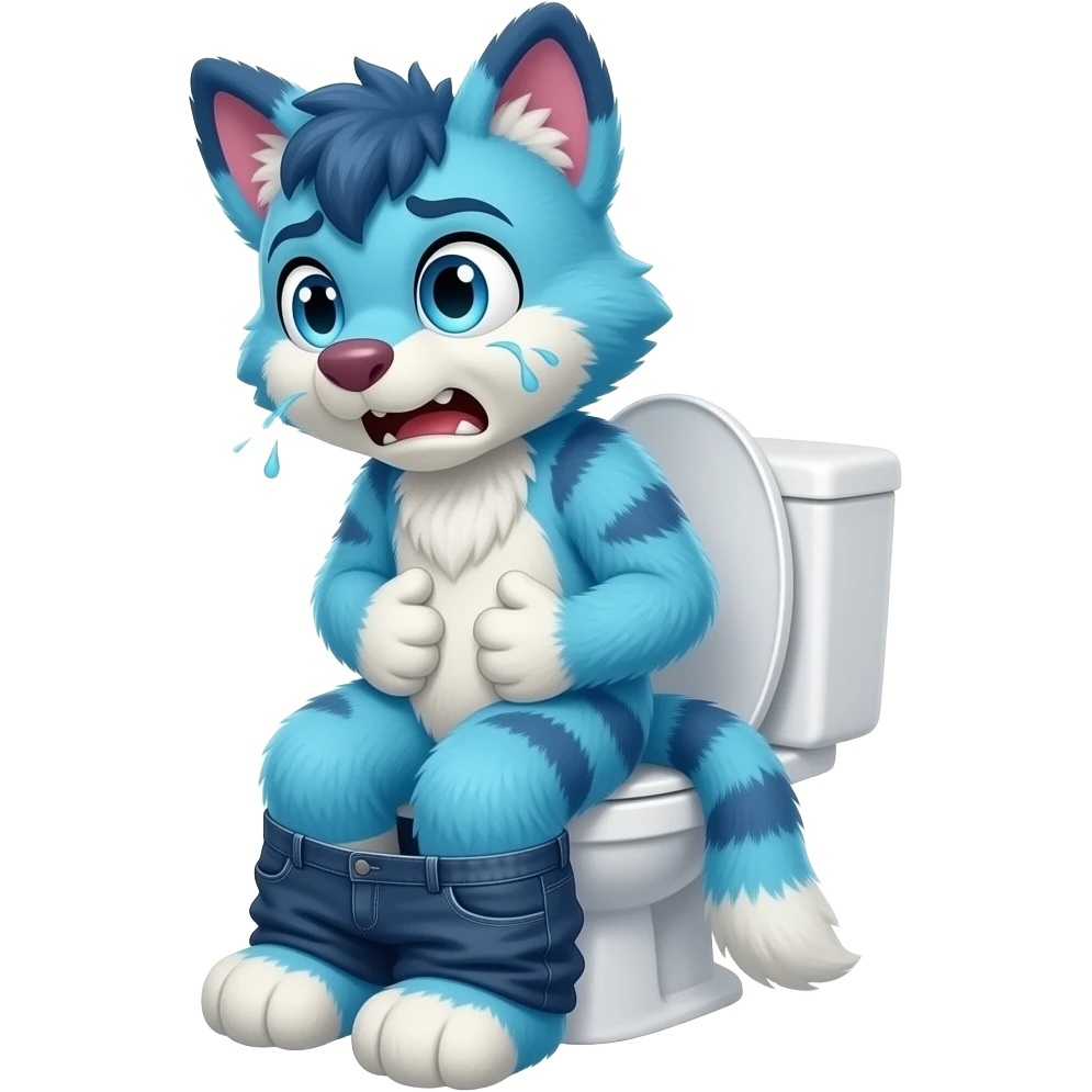 blue fursuit sitting on toilet, side view, pants down, straining face, blushing face, pain, pushing, both hands on stomach, discomfort, grunting emoji