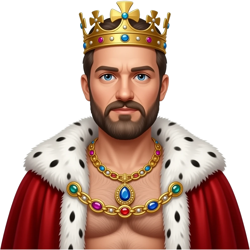 Portrait von einem König und die 40 mit Bart und Krone, er trägt eine prunkvolle Goldkette mit Edelsteinen um den Hals. Er hat kein Hemd an aber ein weit geöffneten roten samt Umhang mit weißen Pelz um seine Schulter. Unter dem Umhang sieht man seine behaarte männliche Brust und Körper emoji